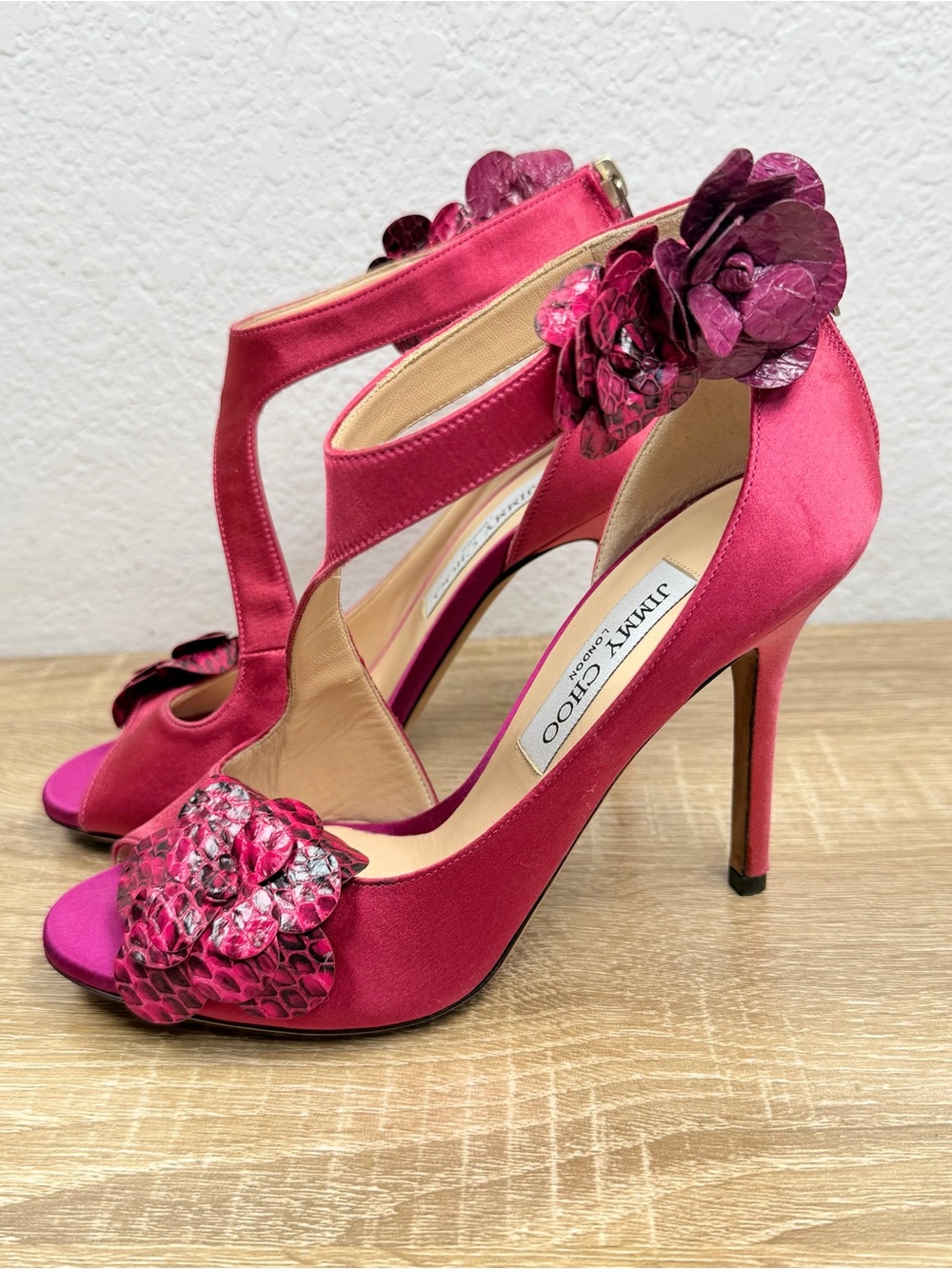 JIMMY CHOO Pink Satin Python Snake Flower Stilletos EU 36.5 Romantic Barbiecore